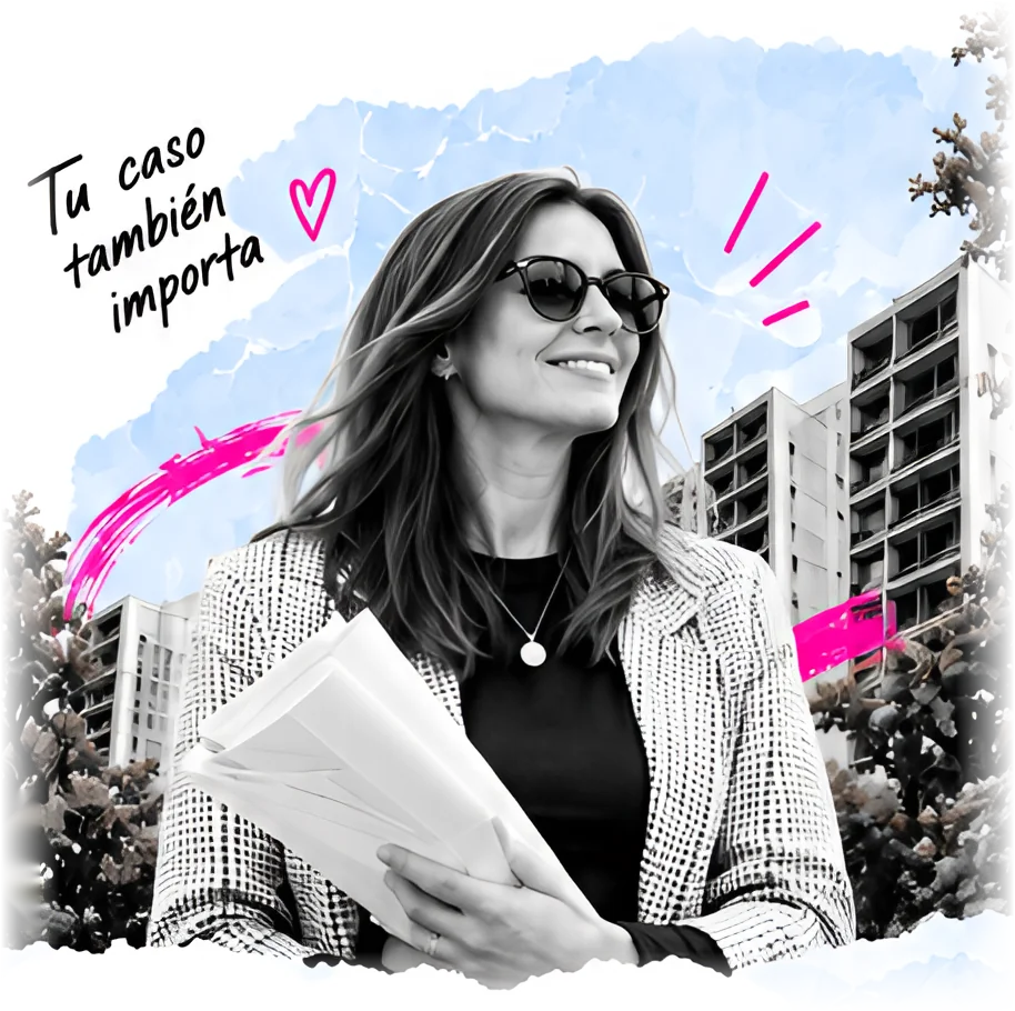 Susana Ibarra con documentos frente a edificios — Tu caso también importa