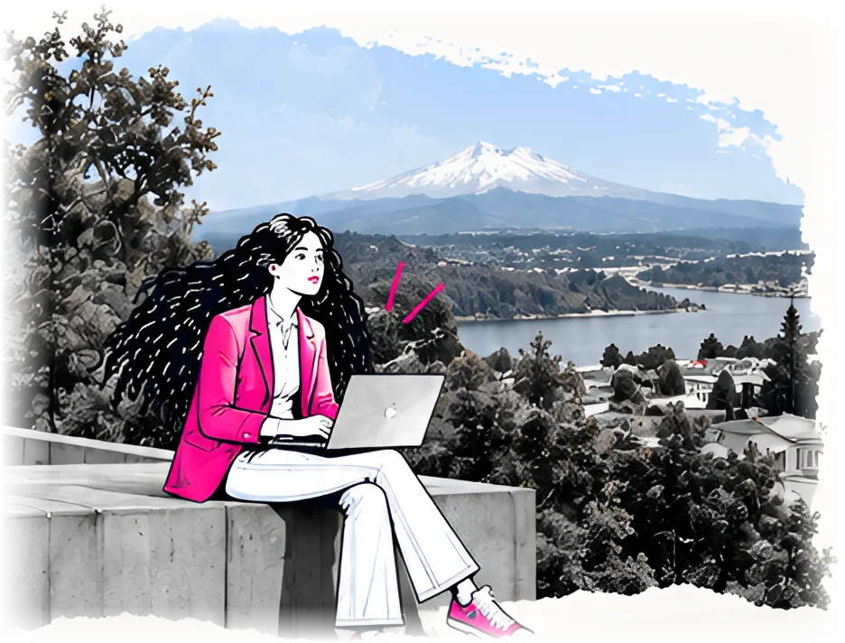 Ilustración de Susana trabajando con su laptop frente a un volcán del sur de Chile