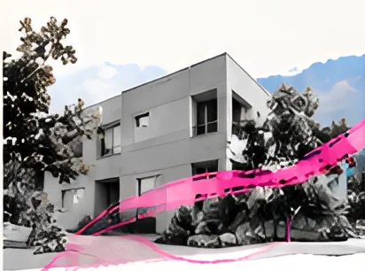 Edificación existente en blanco y negro con trazo rosa