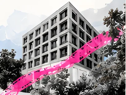 Edificio en blanco y negro con trazo rosa