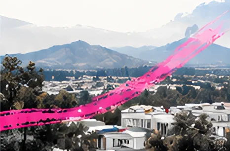 Vista de ciudad del sur de Chile con trazo rosa