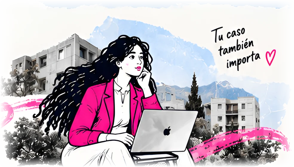 Ilustración de Susana con su laptop — Tu caso también importa