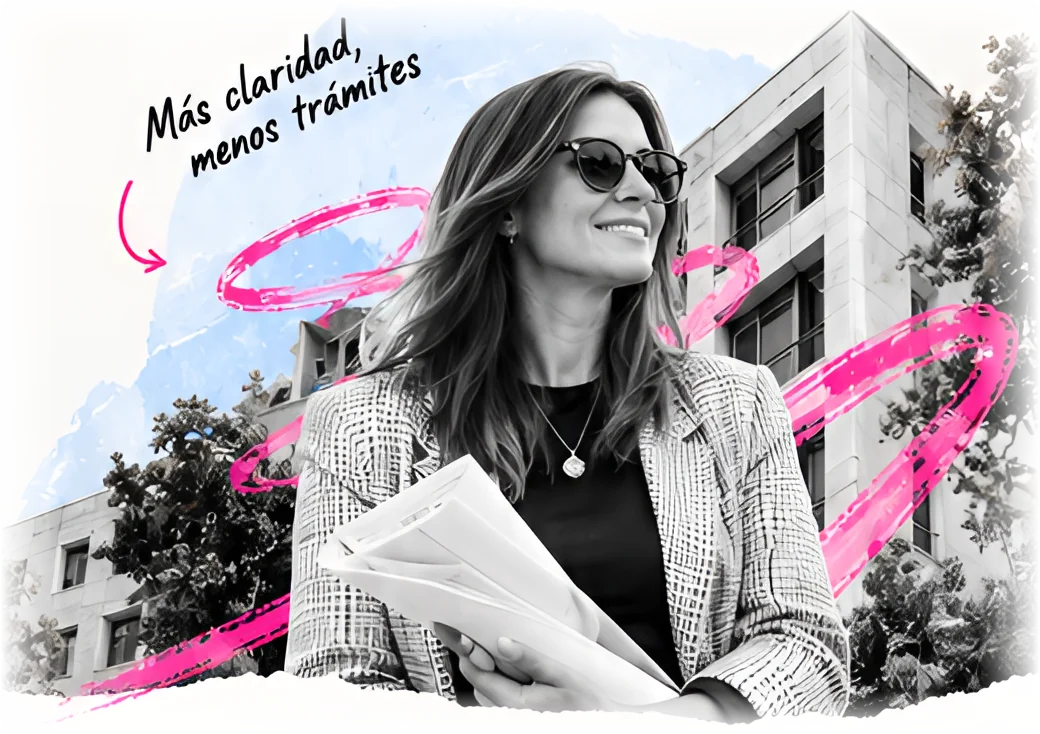Susana Ibarra con documentos frente a un edificio — Más claridad, menos trámites